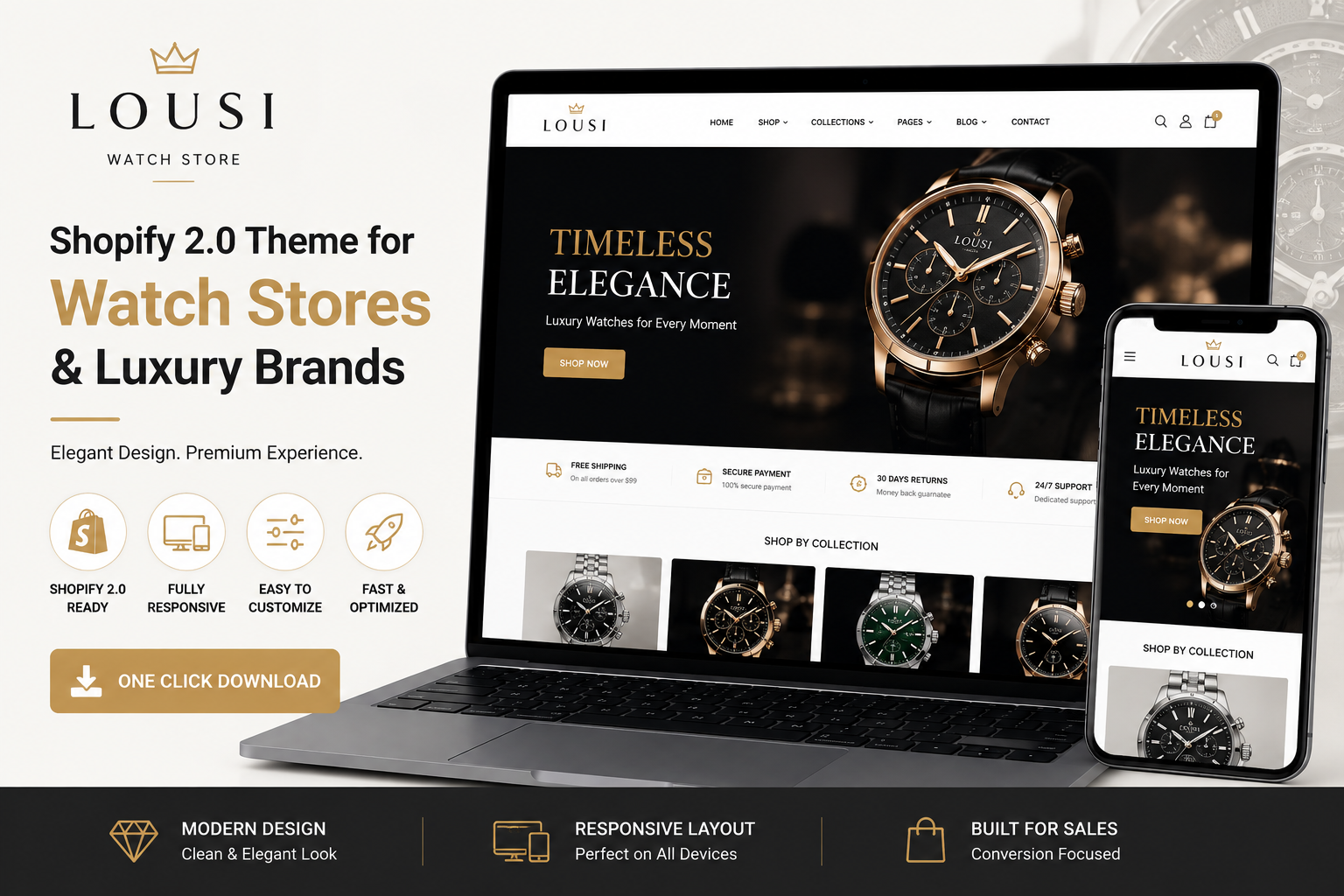 Image Alt Text: Lousi Watch Store Shopify 2.0 Theme Free Download